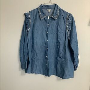 Cato Blue Denim Shirt with Pearl Accents